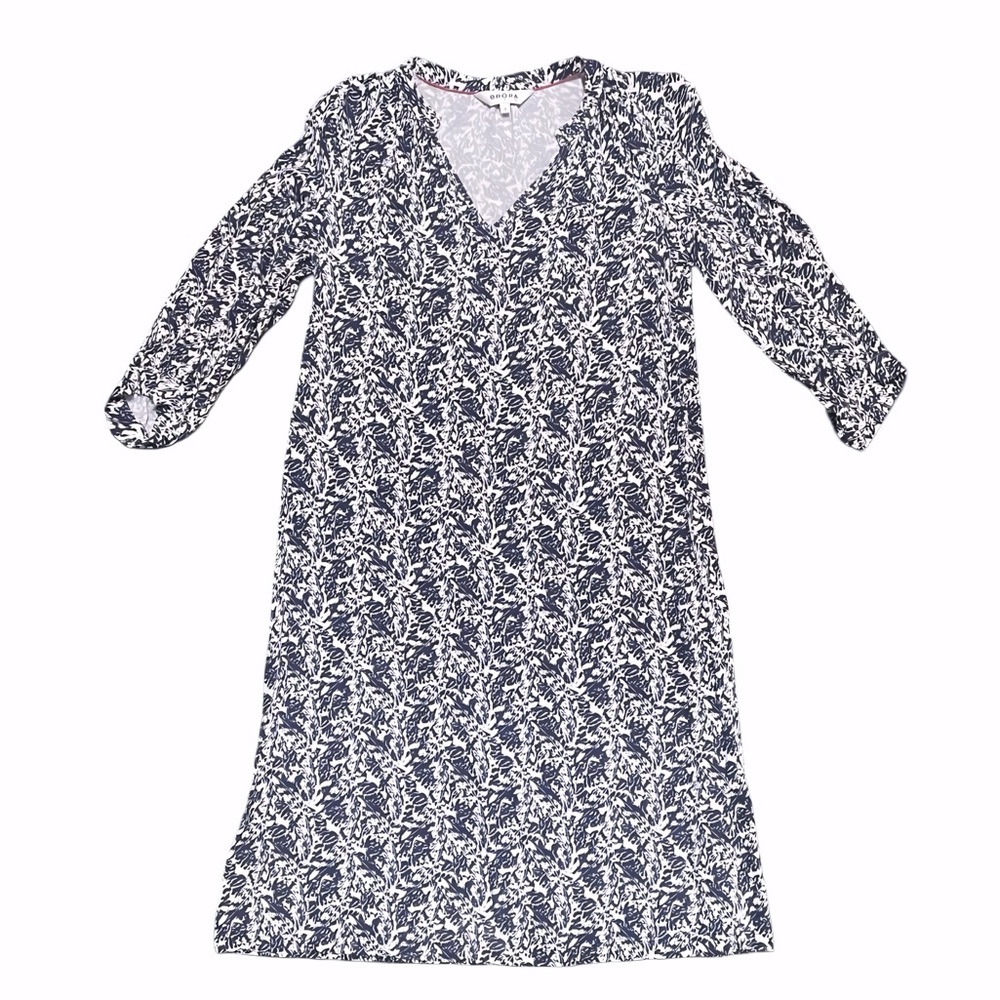 Brora Navy Print Jersey V neck Midi Dress Size 6‎ 3/4 sleeves